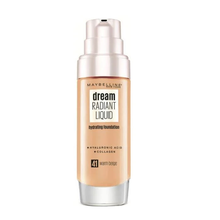 Maybelline Dream Radiant Liquid Tono 41 Warm Beige Base De Maquillaje Hidratante Con Ácido Hialurónico y Cólageno, Para Pieles Oscuras - 30ml