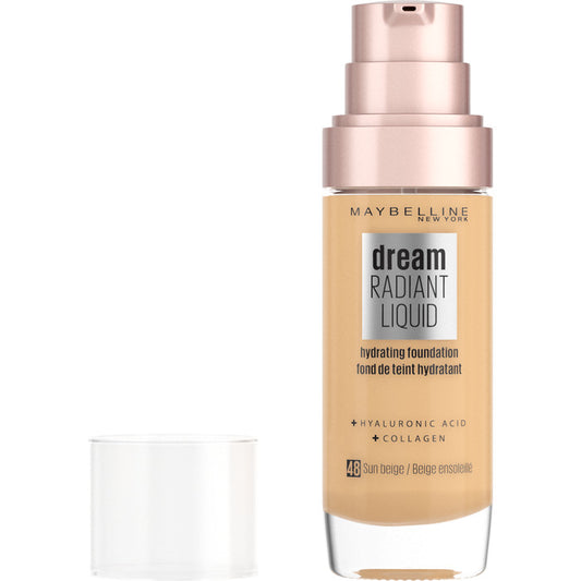 Maybelline Dream Radiant Liquid Tono 48 Sun Beige Base De Maquillaje Hidratante Con Ácido Hialurónico y Cólageno, Para Pieles Oscuras - 30ml