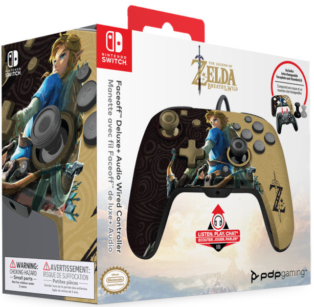 PDP FACEOFF DELUXE + AUDIO WIRED CONTROLLER ZELDA BREATH OF THE WILD NEGRO/ORO