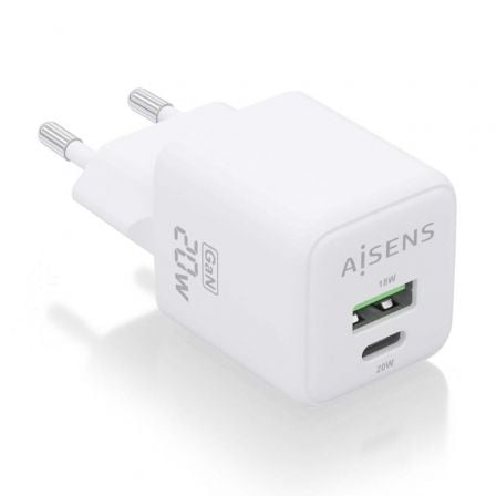 Cargador Gan de Pared Aisens ASCH-20W2P010-W/ 1xUSB Tipo-C/ 1xUSB/ 20W