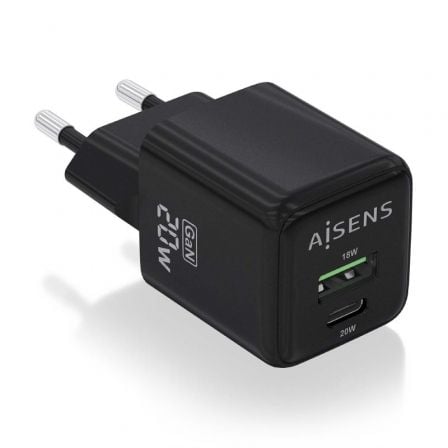 Cargador Gan de Pared Aisens ASCH-20W2P011-BK/ 1xUSB Tipo-C/ 1xUSB/ 20W