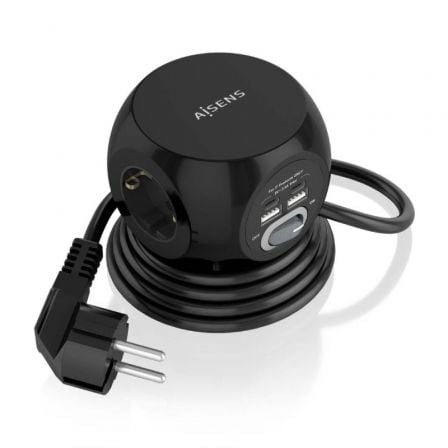 Regleta con Interruptor Aisens ASPS-2A2C05-BK/ 3 Tomas de Corriente/ 2 USB Tipo-C/ 2 USB/ Cable 1.4m/ Negro