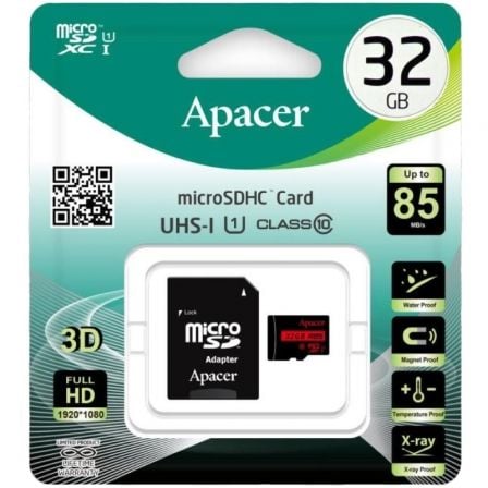 Tarjeta de Memoria Apacer 32GB microSD HC UHS 1 con Adaptador/ Clase 10/ 85MBs