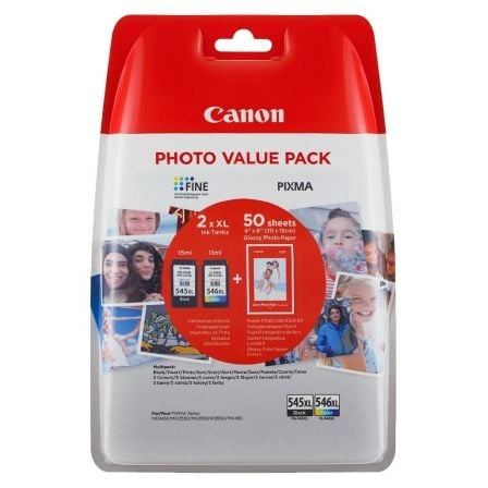 Cartucho de Tinta Original Canon PG-545XL+CL546XL Multipack Alta Capacidad/ Negro/ Tricolor + Papel Fotográfico