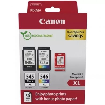 Cartucho de Tinta Original Canon PG-545XL + CL546XL Multipack Alta Capacidad/ Negro/ Tricolor + Papel Fotográfico