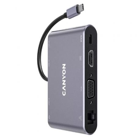 Docking USB Tipo-C Canyon CNS-TDS14/ 1xVGA/ 1xHDMI/ 3xUSB/ 1xRJ45/ 1xJack/ 1xUSB Tipo-C PD/ Gris Oscuro