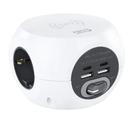 Regleta Nanocable 10.37.0002 con Carga inalámbrica/ 3 Tomas de corriente/ 2 USB A - 2 USB Tipo C/ Cable 1.4m/ Blanca