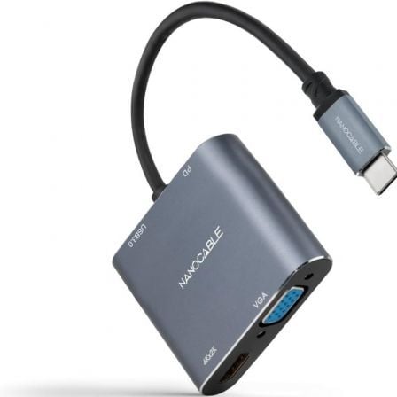 Conversor Nanocable 10.16.4304/ USB Tipo-C Macho/ HDMI 4K Hembra - VGA Hembra - USB Tipo-C PD Hembra - USB Hembra/ 15cm/ Gris