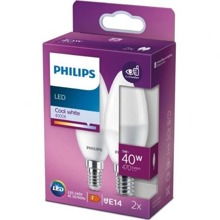 Bombilla Led Philips LED/ Casquillo E14/ 4.9W/ 470 Lúmenes/ 4000K/ Pack de 2 Uds