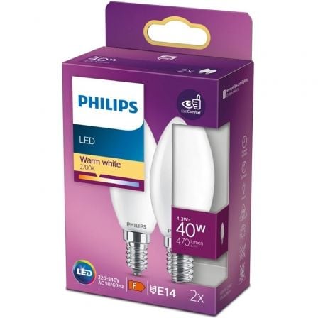 Bombilla Led Philips LED Classic/ Casquillo E14/ 4.3W/ 470 Lúmenes/ 2700K/ Pack de 2 Uds