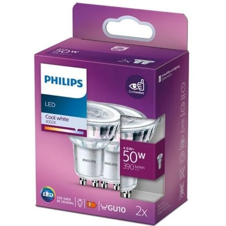 Bombilla Led Philips LED Classic/ Casquillo GU10/ 4.6W/ 390 Lúmenes/ 4000K/ Pack de 2 Uds