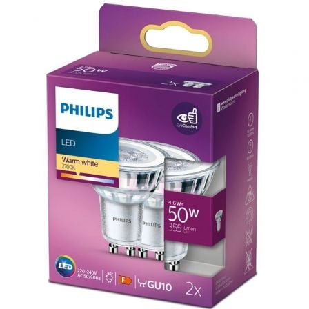 Bombilla Led Philips LED Classic/ Casquillo GU10/ 4.6W/ 355 Lúmenes/ 2700K/ Pack de 2 Uds