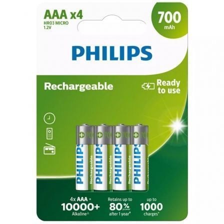 Pack de 4 Pilas AAA Philips R03B4A70/10/ 1.2V/ Recargables