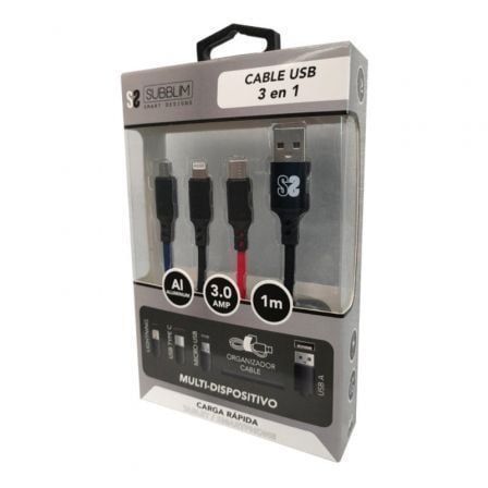 Cable USB 2.0 Subblim SUB-CAB-3IN101/ Micro USB + USB Tipo-C + Lightning - USB Macho/ 1m