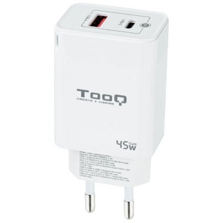 Cargador de Pared TooQ TQWC-GANQCPD45WT/ 1xUSB Tipo-C/ 1xUSB/ 45W