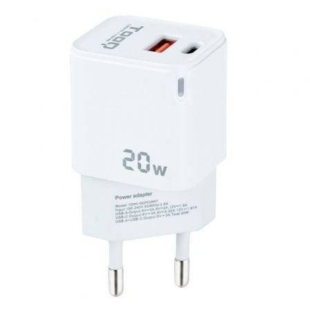 Cargador de Pared TooQ TQWC-QCPD20WT/ 1xUSB-Tipo C/ 1x USB/ 20W/ Blanco