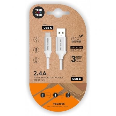 Cable USB 2.0 Tech One Tech TEC2006/ USB Tipo-C Macho - USB Macho/ 1m/ Blanco