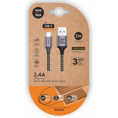 Cable USB 2.0 Tech One Tech TEC2023/ USB Tipo-C Macho - USB Macho/ 2m/ Gris