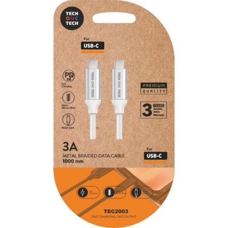 Cable USB 2.0 Tech One Tech TEC2204/ USB Tipo-C Macho - USB Tipo-C Macho/ 1m/ Blanco