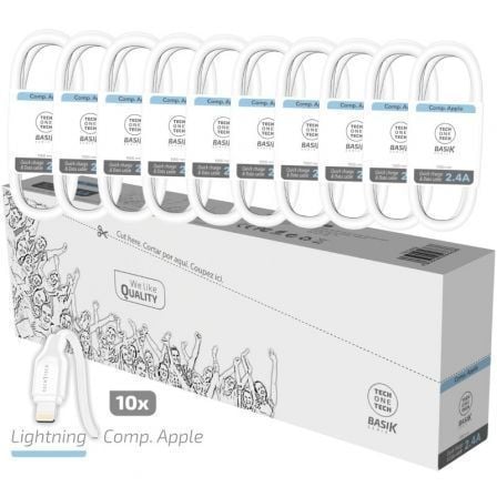 Pack 10 Cables Lightning Tech One Tech Basik TEC2952/ USB Macho - Lightning Macho/ 1m/ Blanco