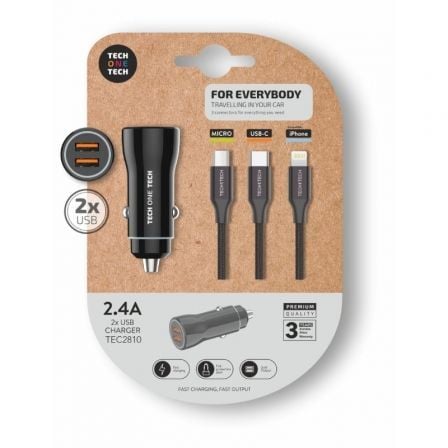 Cargador de Coche Tech One Tech TEC2810/ 2xUSB + Cable 3 en 1/ 2.4A