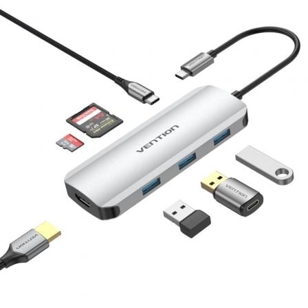 Docking USB Tipo-C Vention TOJHB/ 1xHDMI/ 3xUSB/ 1xUSB Tipo-C/ 1xLector tarjetas/ Gris