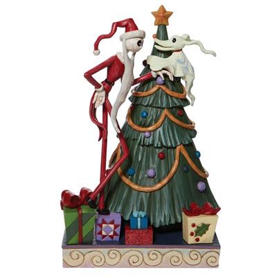 Figura enesco pesadilla antes de navidad santa jack y zero junto a arbol de navidad