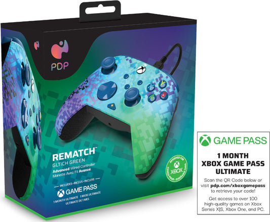 PDP REMATCH WIRED CONTROLLER GLITCH GREEN + GAME PASS 1 MES (XBONE)